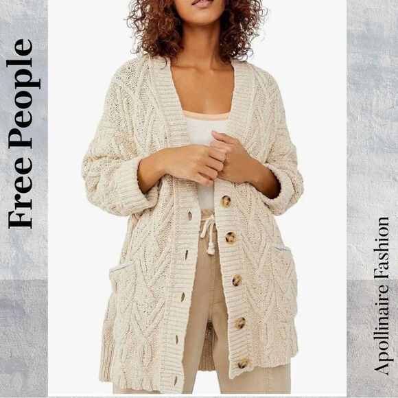FREE PEOPLE MONTANA CABLEKNIT CARDI SWEATER IN TEA NEW SMALL PETITE - Picture 1 of 11